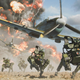 A small pack of robot dogs run underneath a soaring airplane as an explosion explodes in the background on a sunny day in Battlefield 2042.